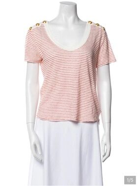 Veronica Beard Red and White Striped Short Sleeve Tee with Gold Shoulder Buttons